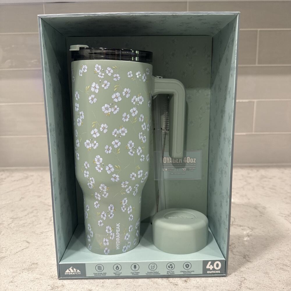 Hydrapeak 40-oz GREEN FLORAL Voyager Steel Tumbler w/ Handle 4pc BOXED SET Gift